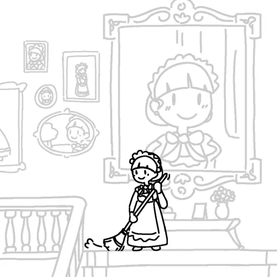 A cute maid doing chores in her own mansion surrounded by paintings of herself
